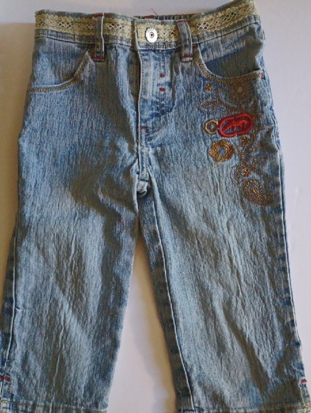Y2k Eckored Girls Light Washed Denim Embroidered Jeans Size 4
